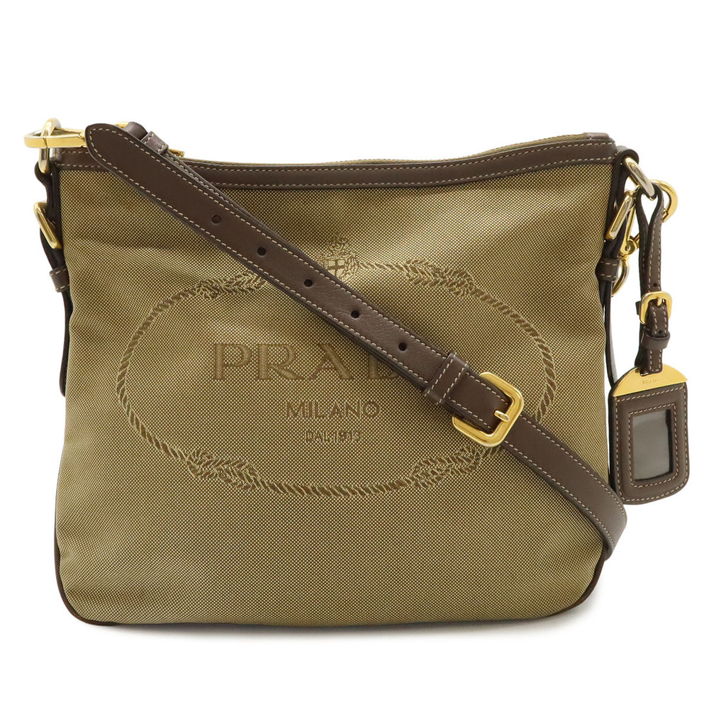 Prada jacquard Crossbody Bag clutch canvas leather Beige Brown Cream